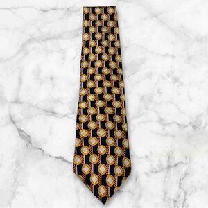 Vintage Oscar de la Renta Geometric Patterned Tie - Black and Gold - 60”